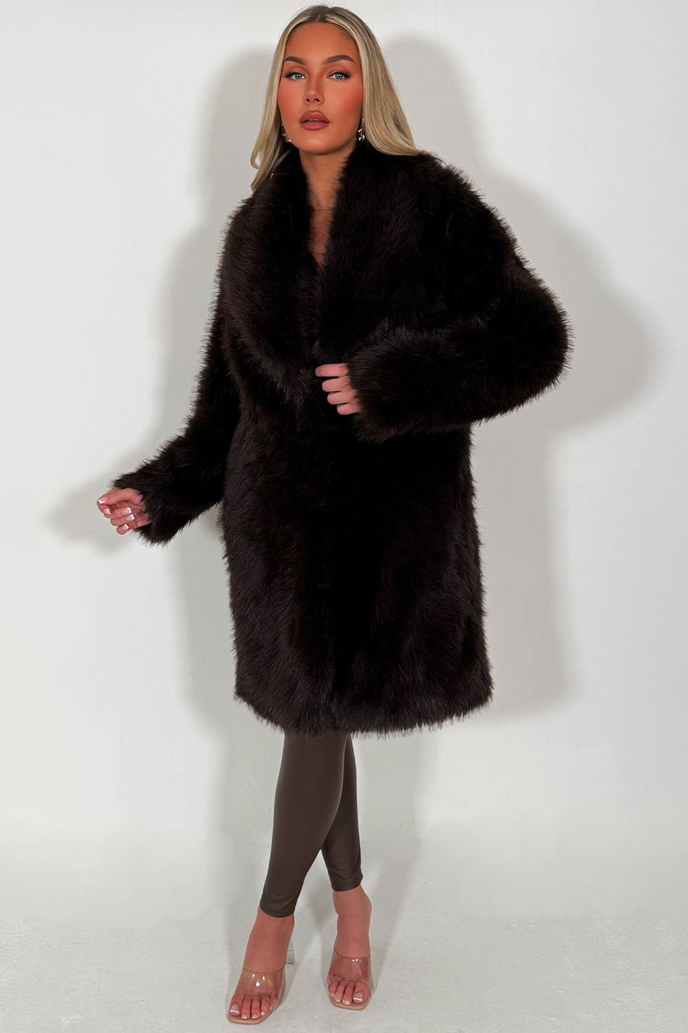 Long Faux Fur Coat Brown