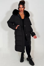 Long Puffer Down Coat With Faux Fur Hood Black