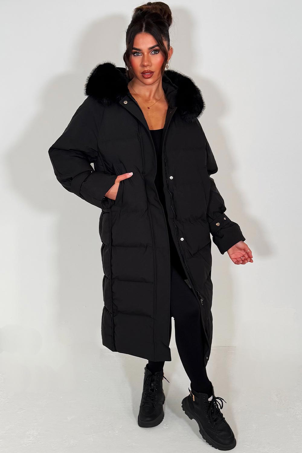 Long Puffer Down Coat With Faux Fur Hood Black