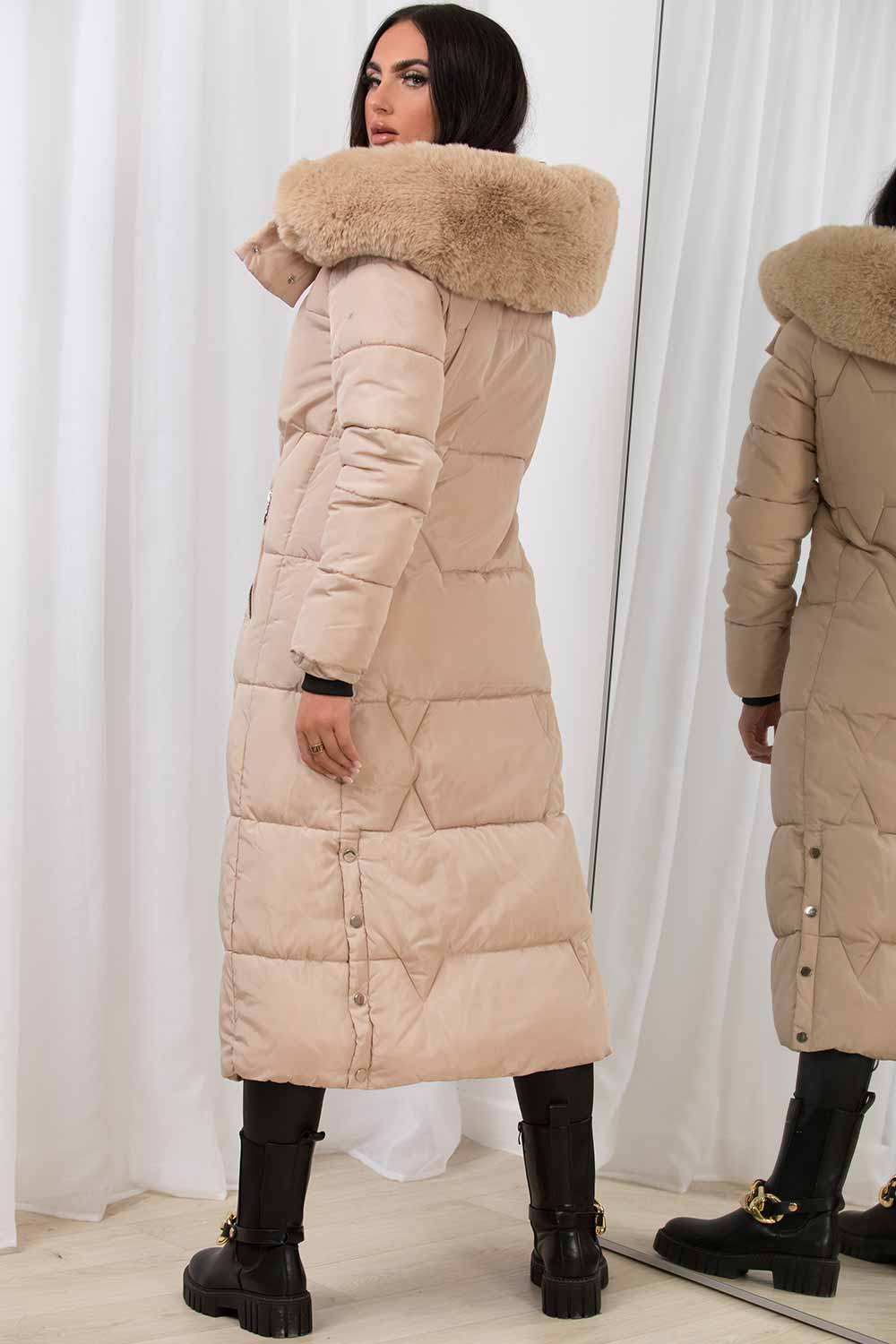 Long Puffer Padded Coat With Faux Fur Hood Beige