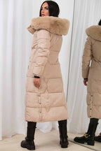 Long Puffer Padded Coat With Faux Fur Hood Beige