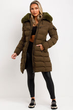 Long Puffer Coat With Fur Hood And Belt Khaki