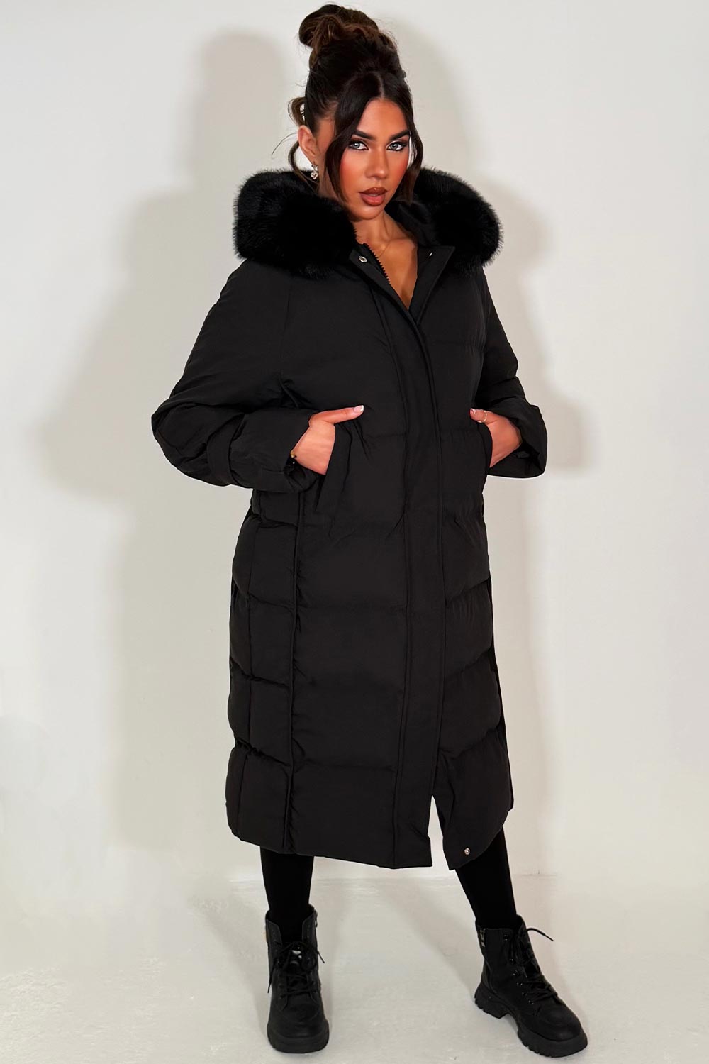 Long Puffer Down Coat With Faux Fur Hood Black