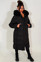 Long Puffer Down Coat With Faux Fur Hood Black