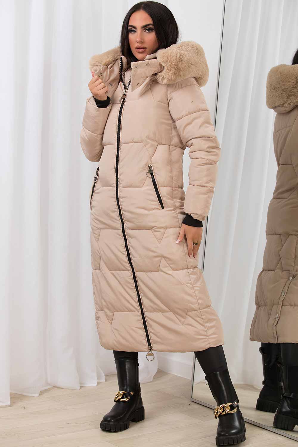 Long Puffer Padded Coat With Faux Fur Hood Beige