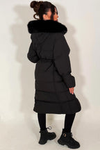 Long Puffer Down Coat With Faux Fur Hood Black
