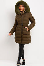Long Puffer Coat With Fur Hood And Belt Khaki