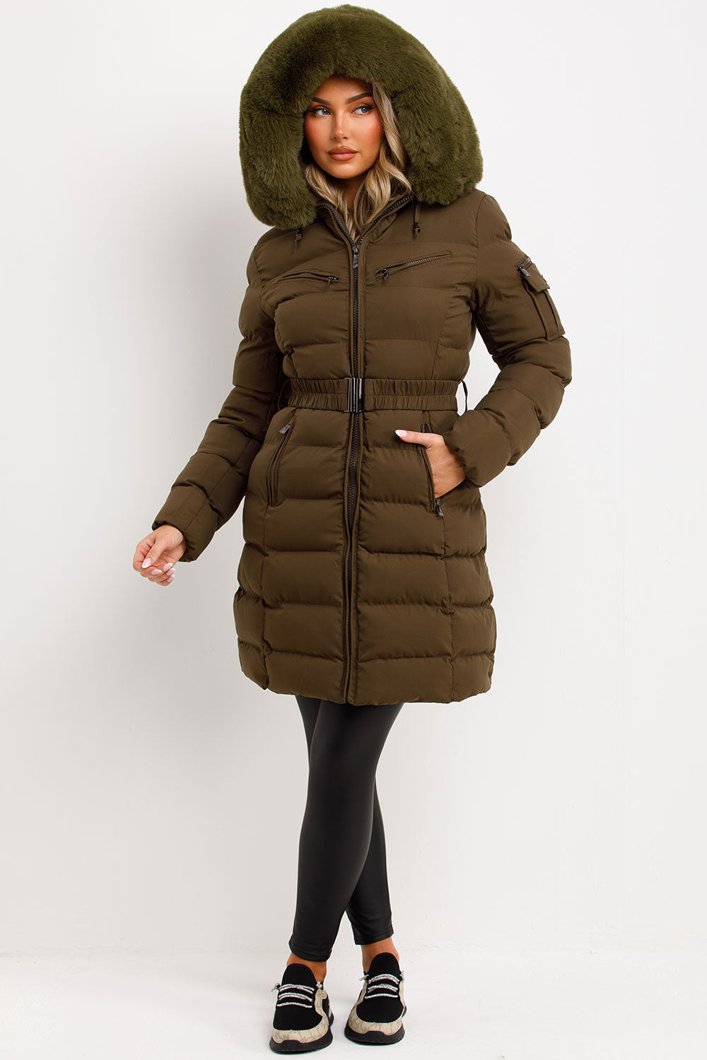 Long Puffer Coat With Fur Hood And Belt Khaki