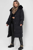 Long Puffer Down Coat With Faux Fur Hood Black