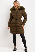 Long Puffer Coat With Fur Hood And Belt Khaki