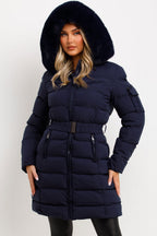 Long Puffer Coat With Fur Hood And Belt Navy