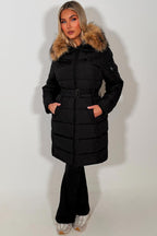 Long Puffer Coat With Faux Fur Hood And Belt Black