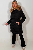 Long Puffer Coat With Faux Fur Hood And Belt Black