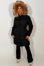 Long Puffer Coat With Faux Fur Hood And Belt Black