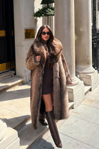 Long Faux Fur Coat With Collar Brown