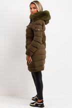 Long Puffer Coat With Fur Hood And Belt Khaki