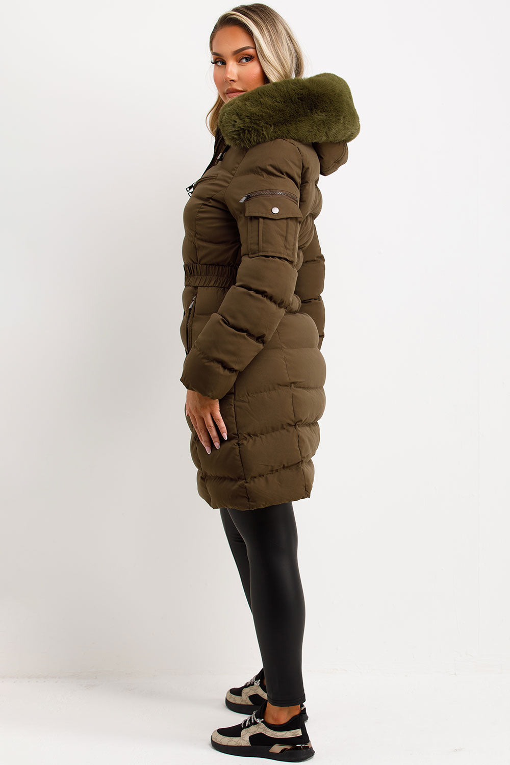 Long Puffer Coat With Fur Hood And Belt Khaki