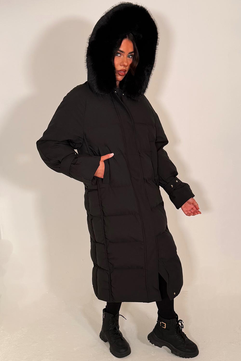 Long Puffer Down Coat With Faux Fur Hood Black