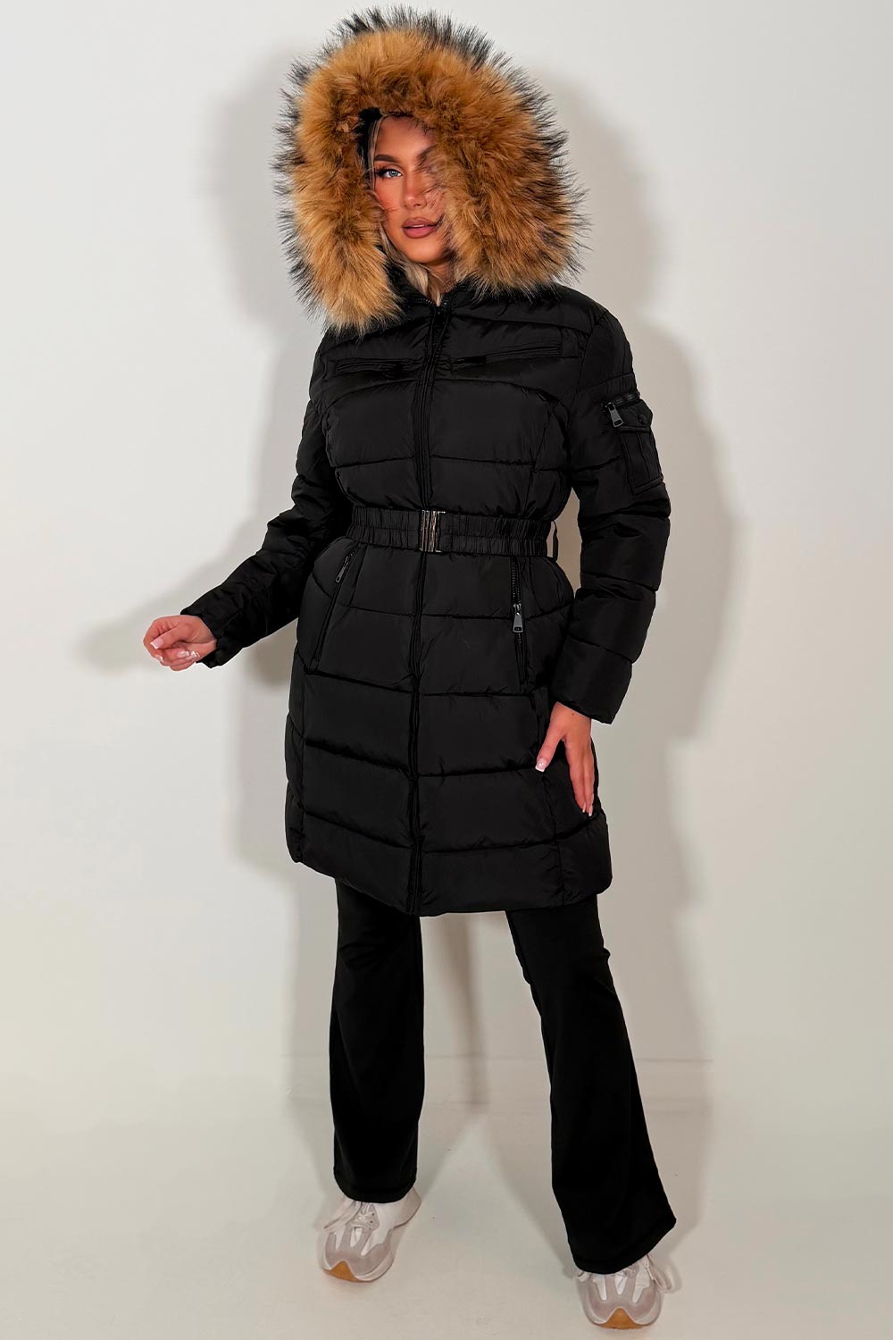 Long Puffer Coat With Faux Fur Hood And Belt Black