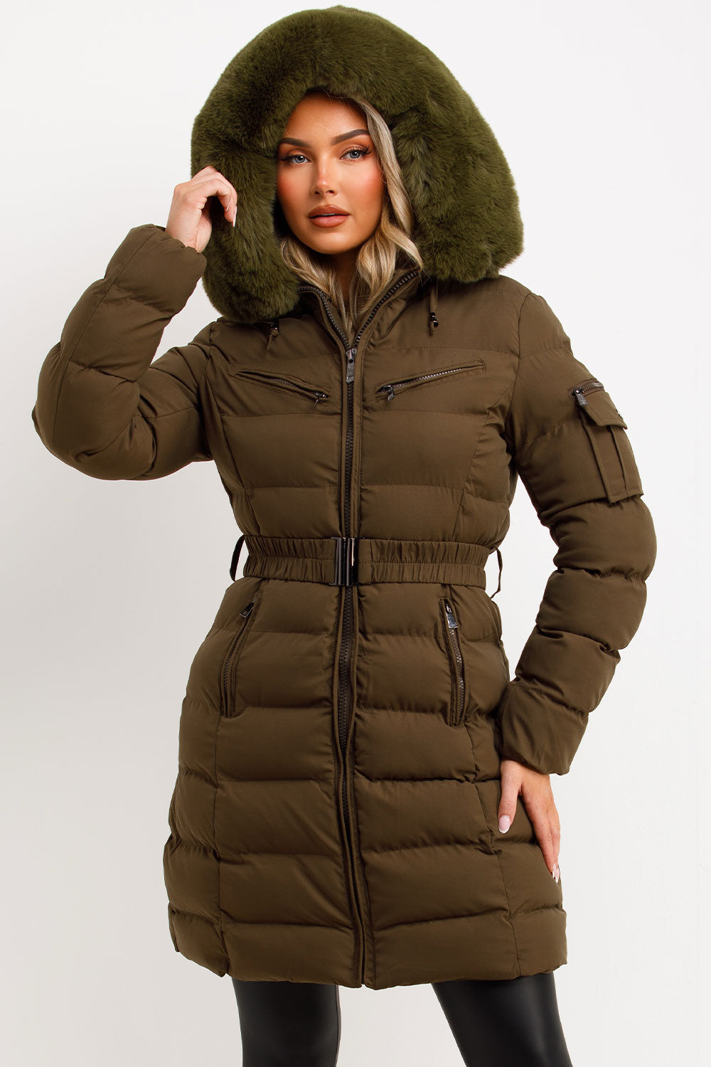 Long Puffer Coat With Fur Hood And Belt Khaki