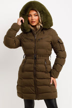 Long Puffer Coat With Fur Hood And Belt Khaki