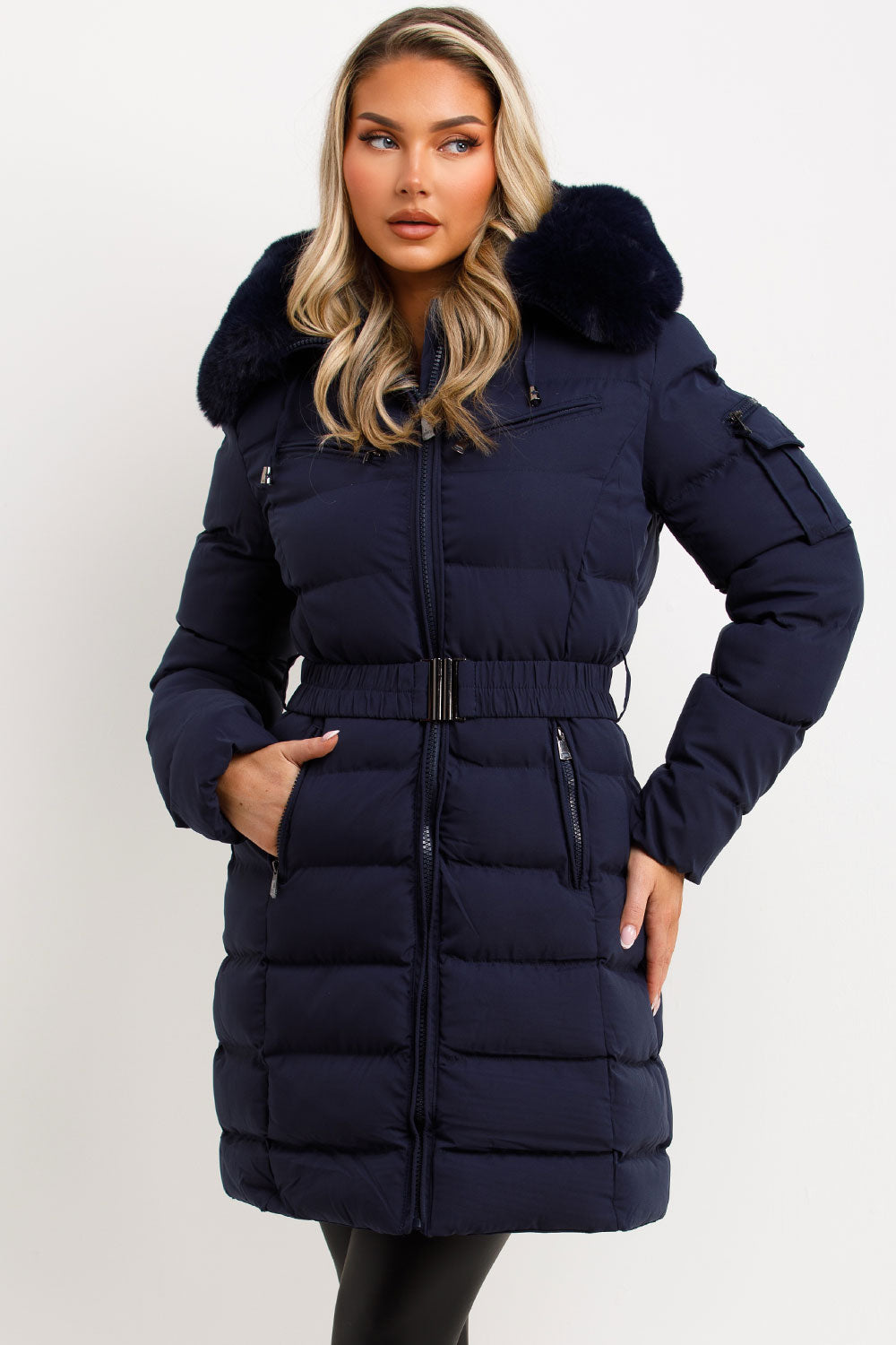 Long Puffer Coat With Fur Hood And Belt Navy