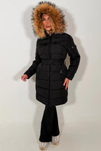 Long Puffer Coat With Faux Fur Hood And Belt Black