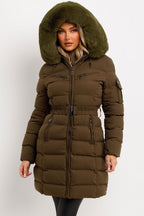 Long Puffer Coat With Fur Hood And Belt Khaki