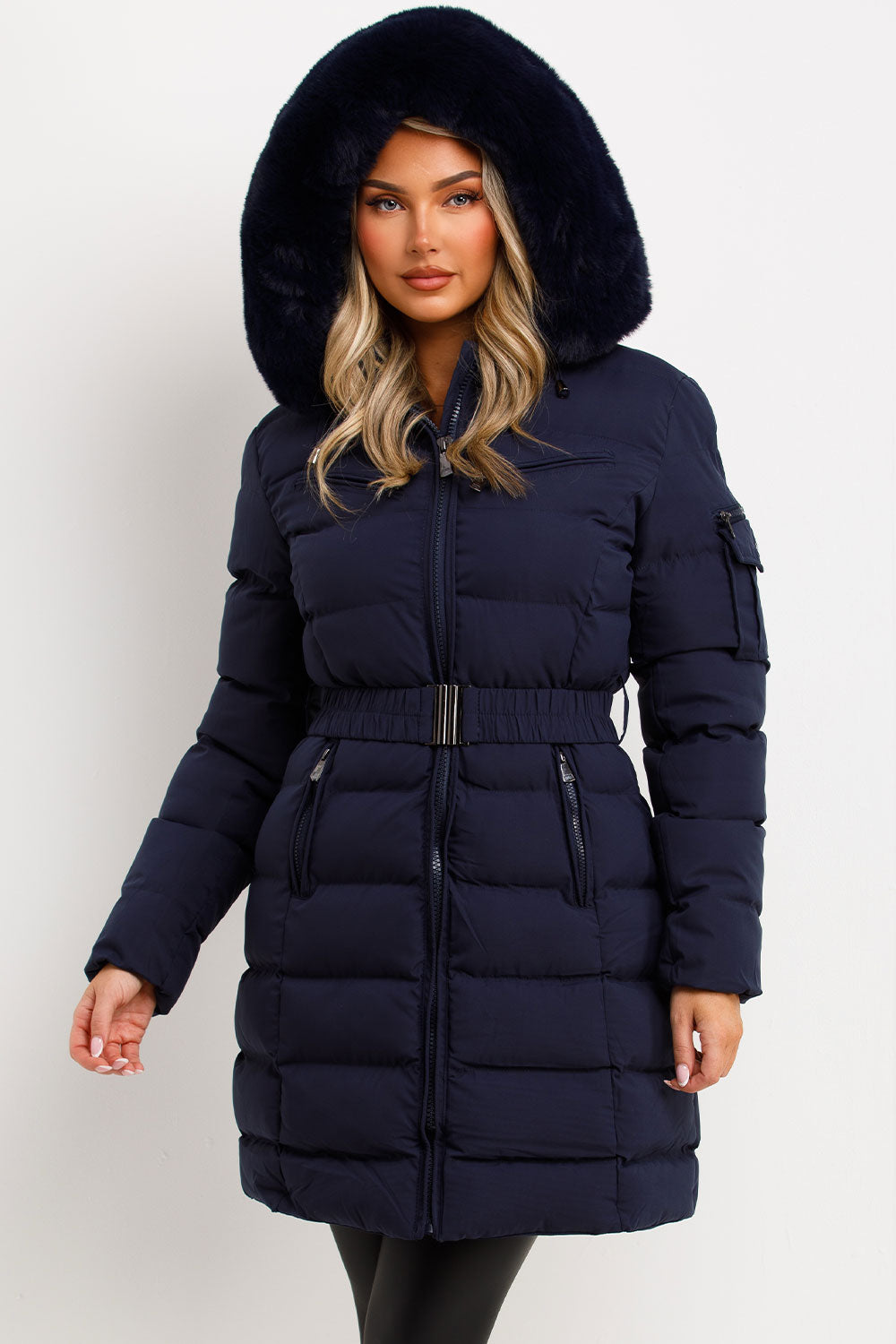 Long Puffer Coat With Fur Hood And Belt Navy