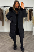 Long Puffer Down Coat With Faux Fur Hood Black