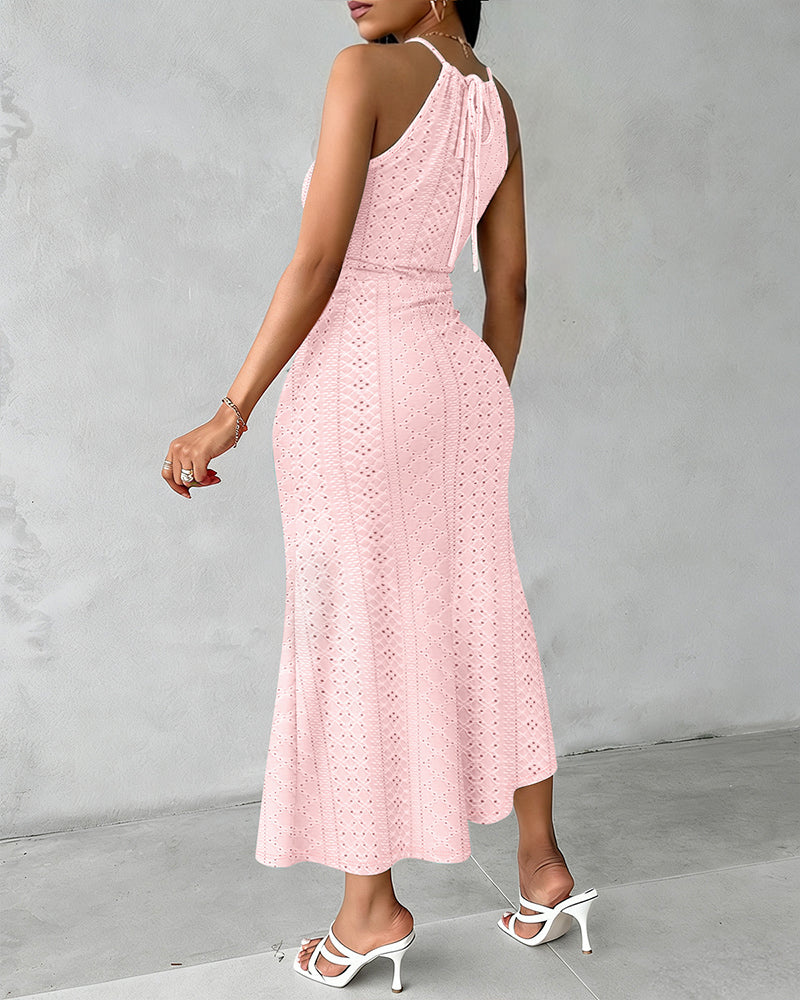 Halter Tie Criss Cross Front Knit Jacquard Textured Slit Dress Casual Hollow-out Draped Vacation Dress