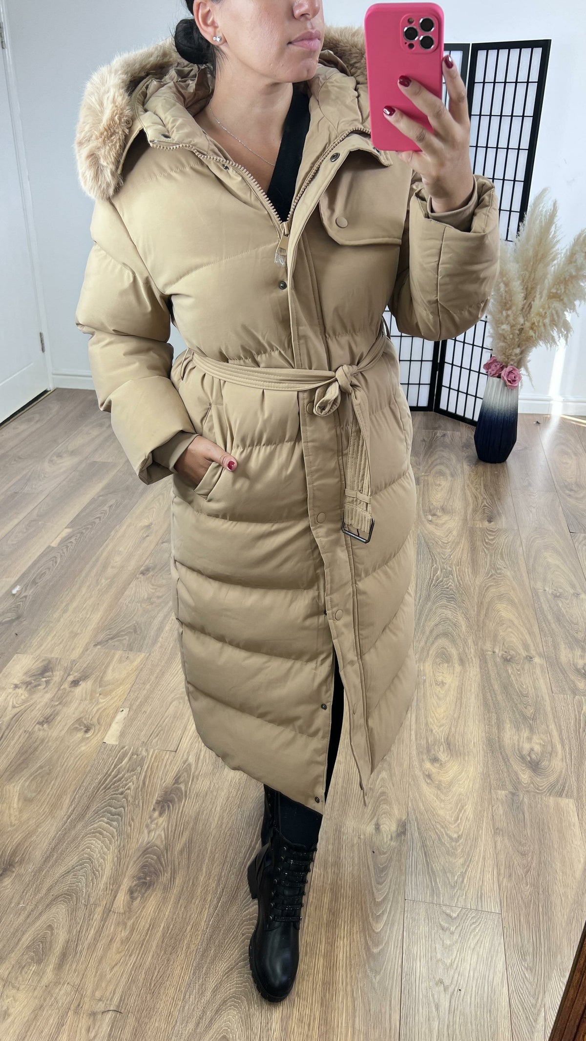 Maddox Camel Padded Faux Fur Hooded Coat