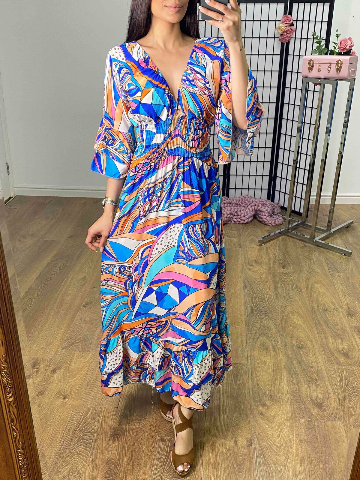 Monaco Abstract Print Ruffle Hem Maxi Dress