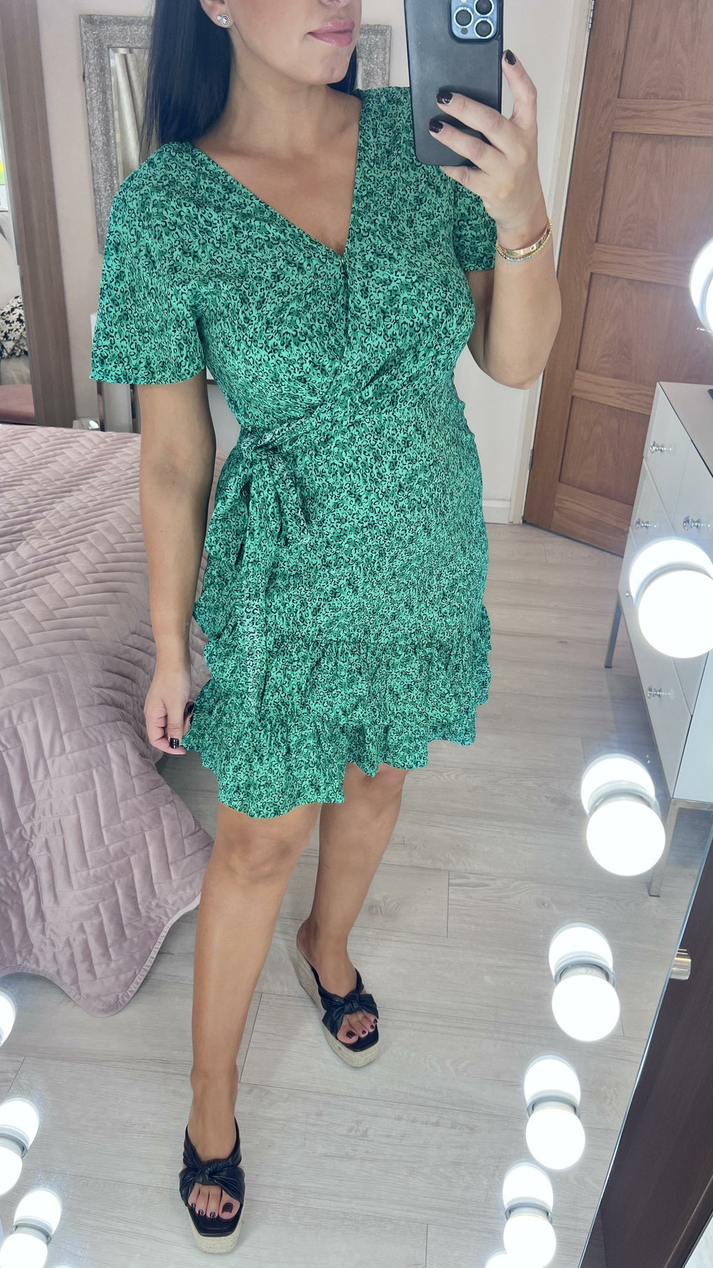 Monteno Emerald Cheetah Print Wrap Effect Dress