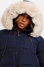 Puffer Jacket With Fur Hood Navy