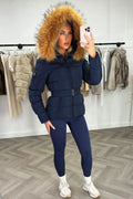 Navy Faux Fur Hooded Jacket With Belt