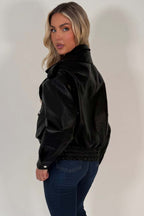 Black Faux Leather Bomber Jacket With Double Collar