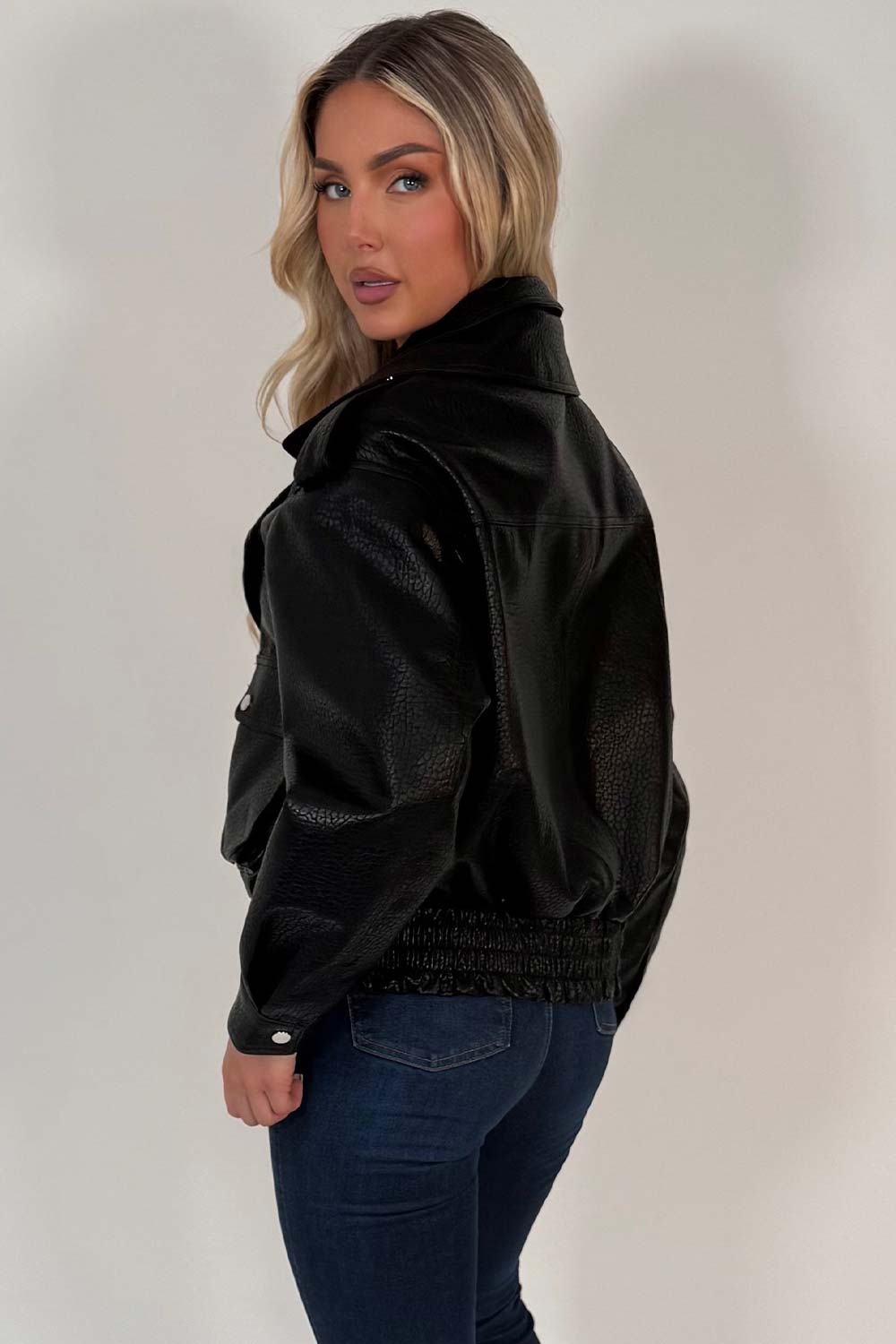 Black Faux Leather Bomber Jacket With Double Collar