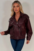 Burgundy Faux Leather Bomber Jacket With Double Collar
