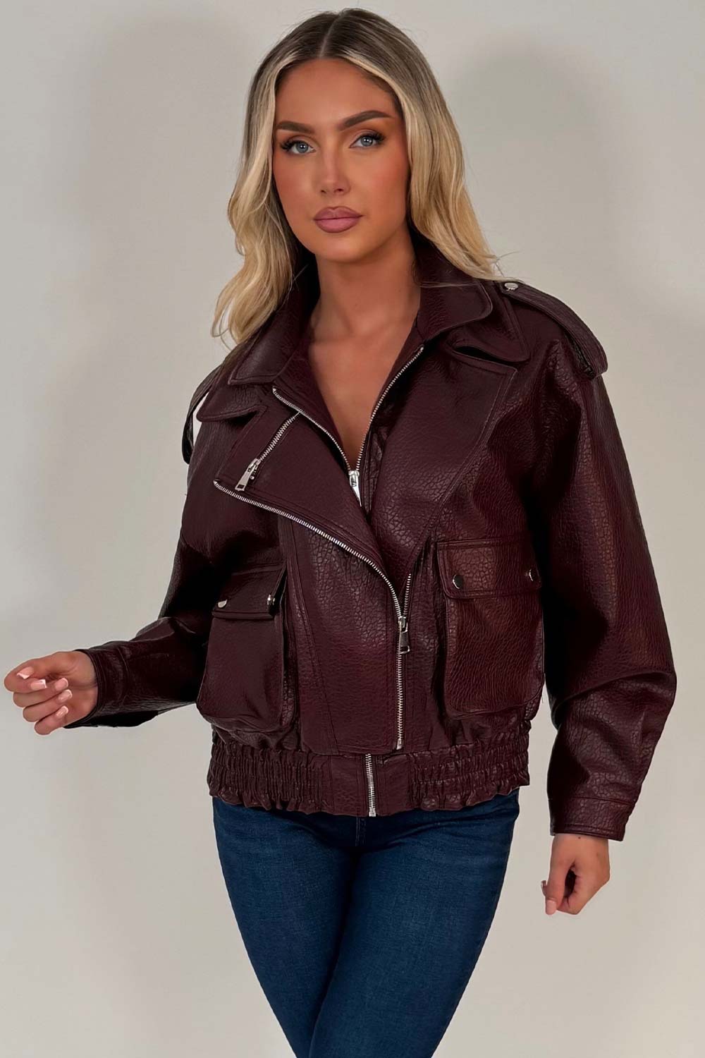 Burgundy Faux Leather Bomber Jacket With Double Collar
