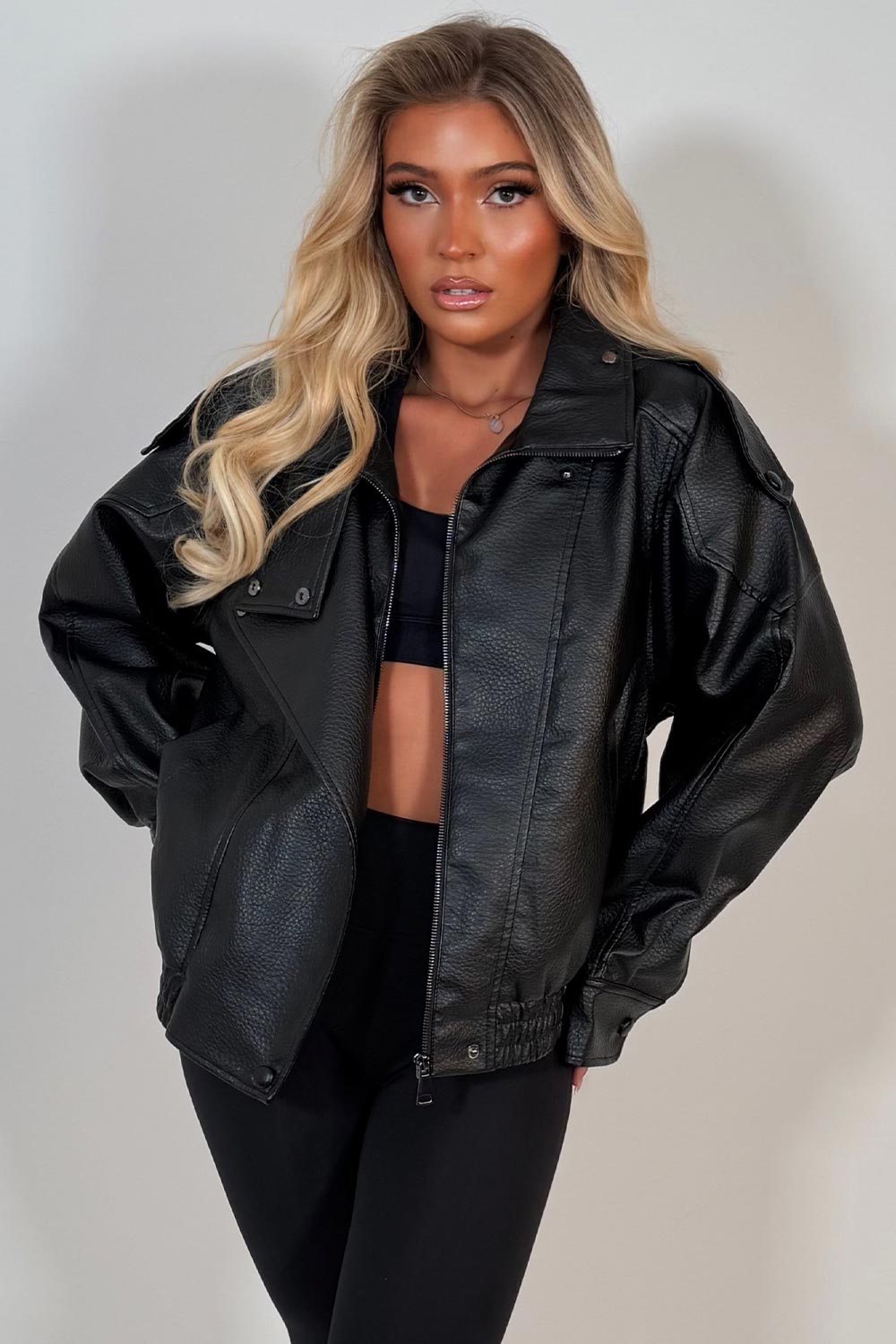 Black Faux Leather Funnel Neck Jacket