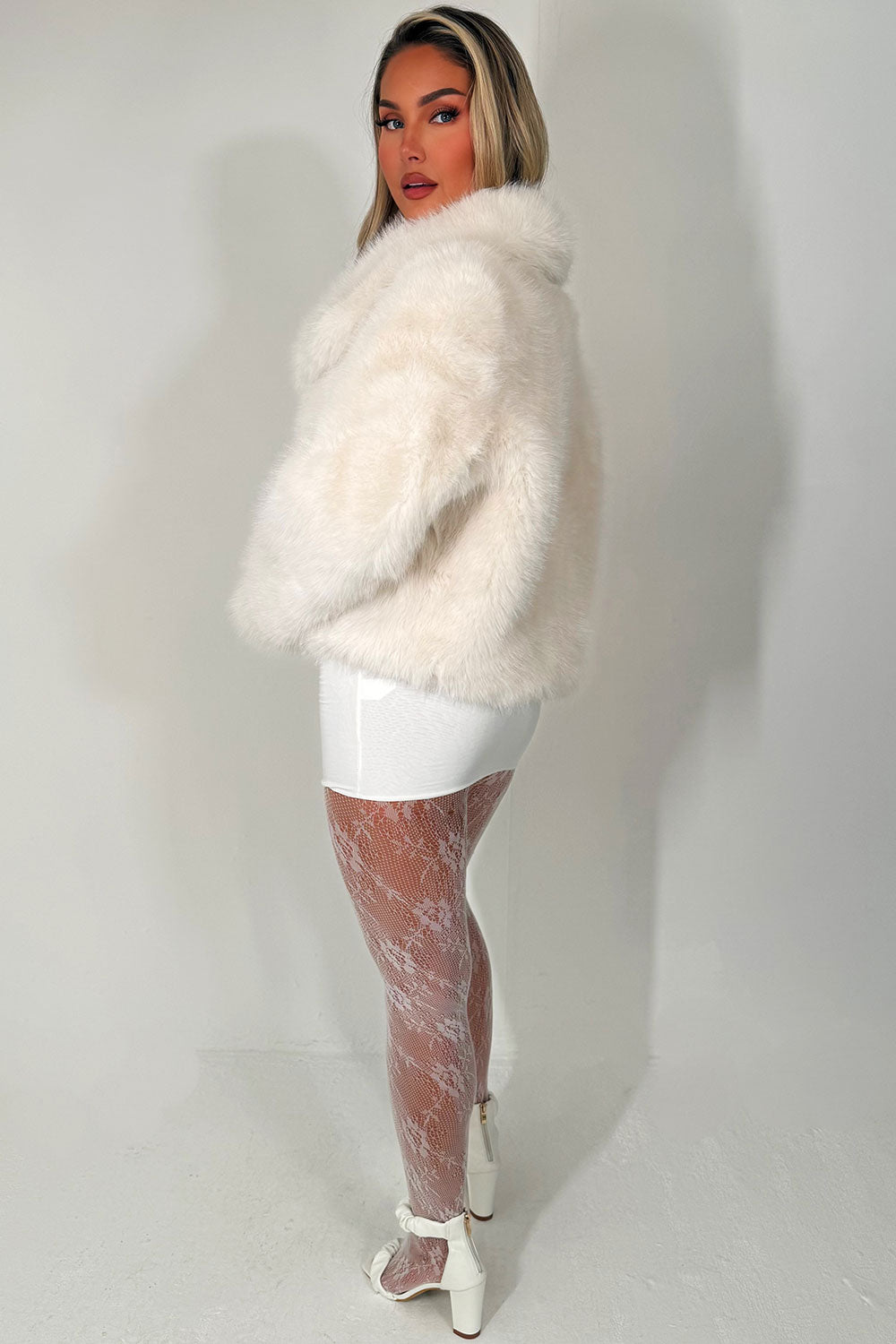 Faux Fur Jacket Collared White