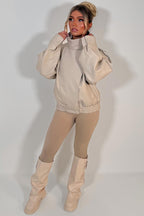 Faux Leather Funnel Neck Jacket Beige