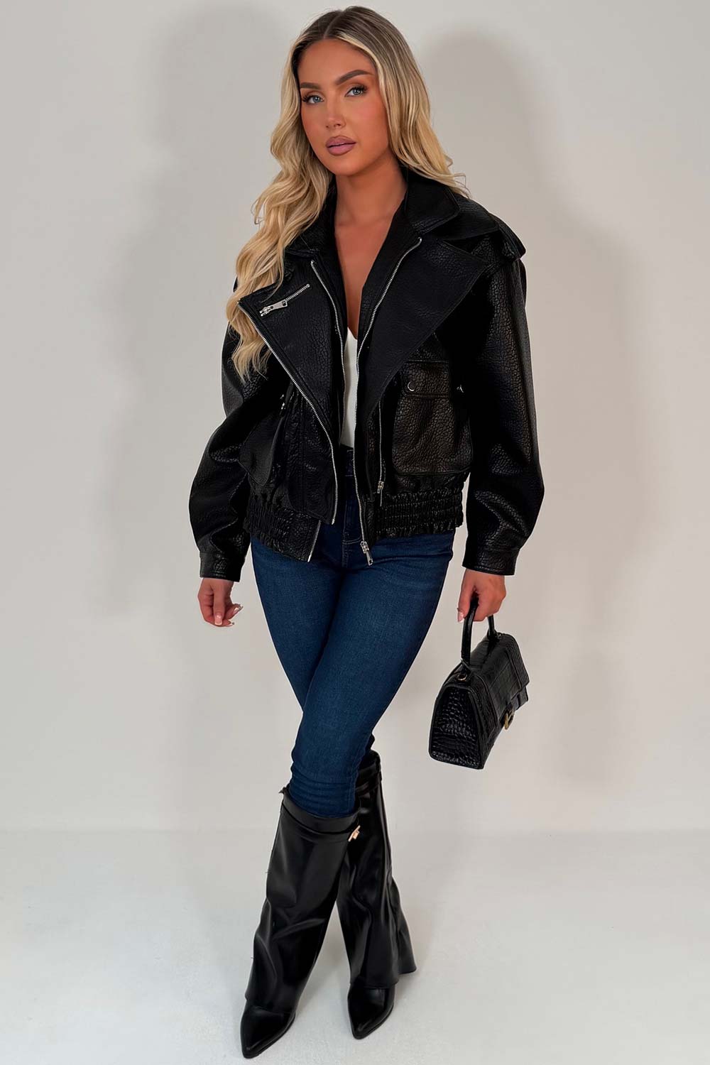 Black Faux Leather Bomber Jacket With Double Collar