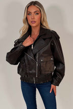 Brown Faux Leather Bomber Jacket With Double Collar