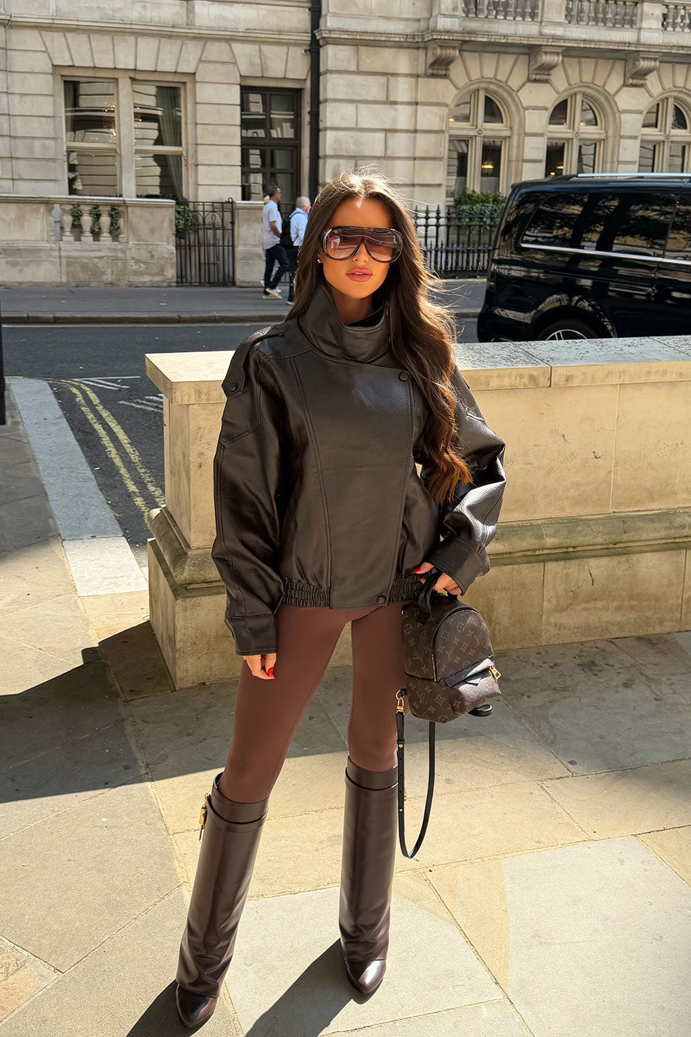 Faux Leather Funnel Neck Jacket Brown
