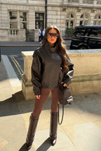 Faux Leather Funnel Neck Jacket Brown