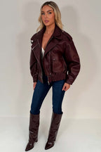 Burgundy Faux Leather Bomber Jacket With Double Collar