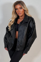 Black Faux Leather Funnel Neck Jacket