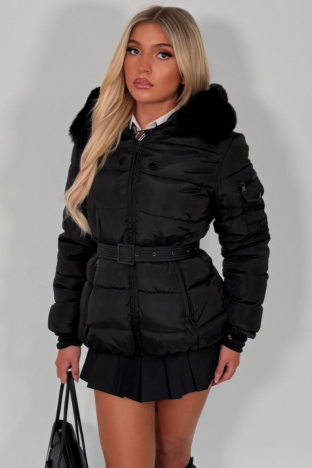 Black Faux Fur Hood Jacket With Belt